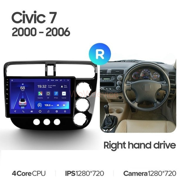 Штатная магнитола Teyes CC2L Plus 1/16 Honda Civic 7 (2000-2006) Правый руль