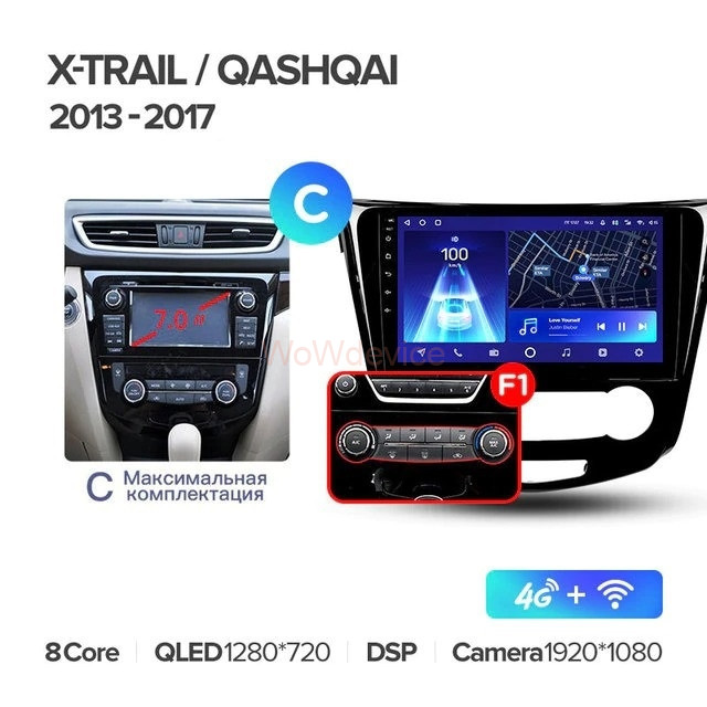 Штатная магнитола Teyes CC2 Plus 4/64 Nissan Qashqai 2 (2013-2021) F1 кондиционер Тип-C