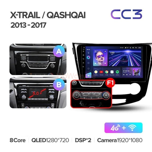 Штатная магнитола Teyes CC3 360 6/128 Nissan Qashqai 2 (2013-2021) F1 кондиционер Тип-AB